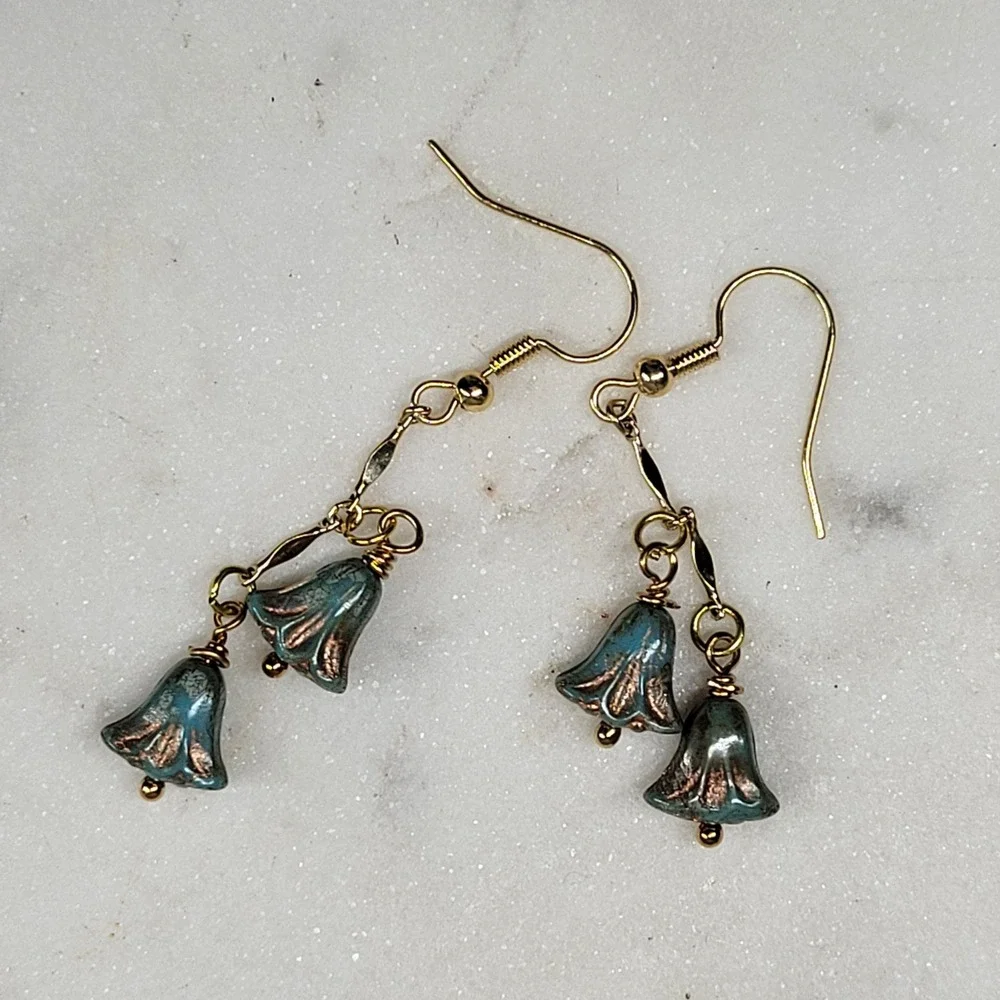 Blue Lily Flower Dangle Drop Earrings Handmade Beaded Whimsical Fairy Boho NEW